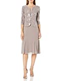 Alex Evenings Women's Tea Length Mock Jacket Dress with Button Front Regular Sizes, Pewter/Frost, 6 Petite