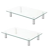 Height Adjustable Glass Monitor Stand 2 Pack - 16 x 9.5 Inch Clear Desktop Risers for Computer Monitors, Laptop, TV, Printer & More