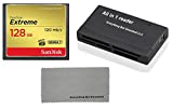 SanDisk Extreme 128GB CompactFlash Memory Card works with Canon EOS 7D Mark II Digital DSLR Camera HD UDMA 7 (SDCFXSB-128G-G46) with Everything But Stromboli Combo Microfiber Cloth and Combo Reader