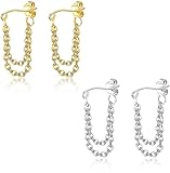 BodyBonita 2 Pairs Double Chains Earring, Minimalist Chain Cuff Earrings，Double Chains Cartilage Earring Helix Conch Piercing Jewelry Punk Style