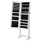 SONGMICS Mirror Jewelry Cabinet Armoire, Freestanding Lockable Storage Organizer Unit with 2 Plastic Cosmetic Storage, Christmas gifts, White UJJC002W01