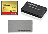 SanDisk Extreme 32GB CompactFlash Memory Card works with Canon EOS 7D Mark II Digital DSLR Camera HD UDMA 7 (SDCFXSB-032G-G46) with Everything But Stromboli Combo Microfiber Cloth and Combo Reader