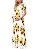 Xpenyo Women's Floral Maternity Dresses Summer Casual Short Sleeve V Neck Wrap Long Maxi Dress Pregnancy Clothes for Baby Shower, Photoshoot, Party, Daily, Nursing, Sunflower White Size Medium