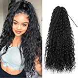 30inch Long Corn Curly Wave Drawstring Ponytail Synthetic High Puff Ponytail Hair Pieces With Comb Clip in Black Wavy Ponytail Clip in Hair Extensions (1B)