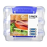 Sistema KLIP IT Collection Sandwich Box 1.9 Cup Compact Food Storage Container, 3 Pack, Clear/Blue | Great for Meal Prep | BPA Free, Reusable