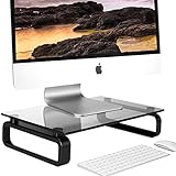 Computer Monitor Stand Riser Multi Media Desktop Stand for Flat Screen LCD LED TV, Laptop/Notebook/Xbox One, with Tempered Glass and Metal Legs, Black HD02B-001U