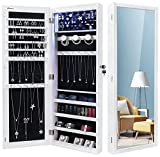 Nicetree 6 LEDs Jewelry Armoire with Mirror with 3 Exclusive Improvements, 4.2'D Lockable Mirror with Jewelry Storage, Door/Wall Mounted Jewelry Organizer with Mirror, White