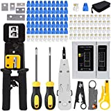 LEATBUY RJ45 Crimping Tool Kit for RJ11/RJ12/CAT5/CAT6/Cat5e, Professional Computer Maintenacnce Lan Cable Tester Network Repair Tool Set，Wire Crimper Wire Connector Stripper Cutter (Black)