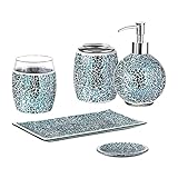 WHOLE HOUSEWARES 5-Pieces Bathroom Accessory Sets Crackle Mosaic Glass Ensemble-Lotion Dispenser/Toothbrush Holder/Tumbler/Vanity Tray/Soap Dish (Navy Blue)